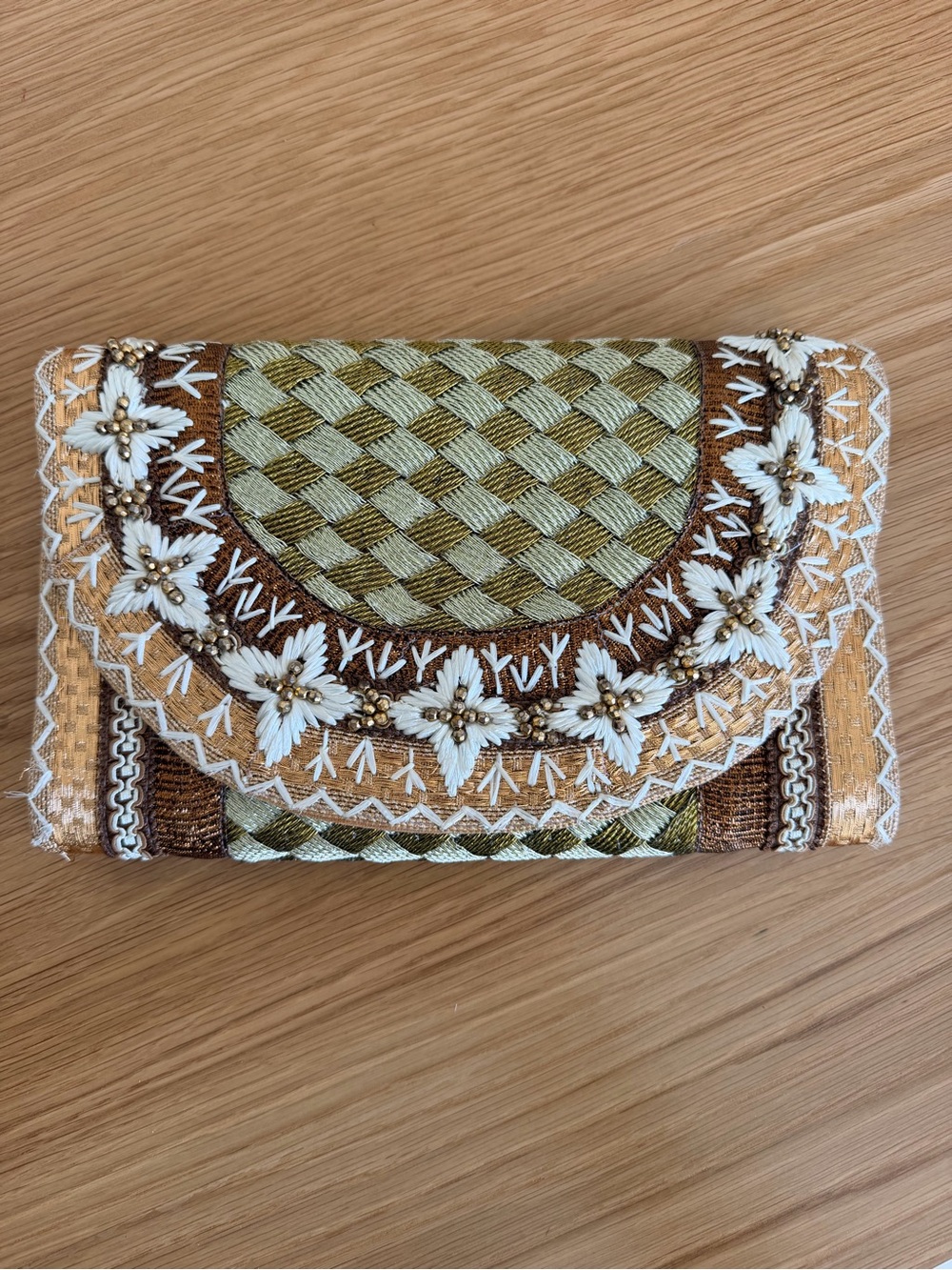 Handcrafted Embroidered Foldover Clutch in Gold & Olive
